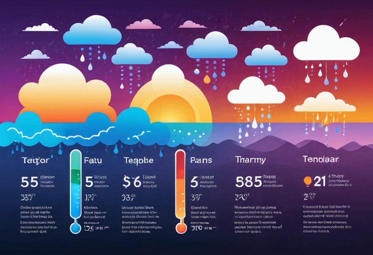 A visually stunning infographic showcasing the connection between temperature analysis and precipitation levels in weather forecasting. Include a dynamic gradient background representing changing weather states, with an illustration of a weather map overlayed with temperature and rainfall icons. Incorporate elements like clouds, sunshine, and raindrops in a modern style, giving a sense of motion and complexity. Complement with an easy-to-read font displaying key terms related to weather forecasting. vibrant colors. vector art.