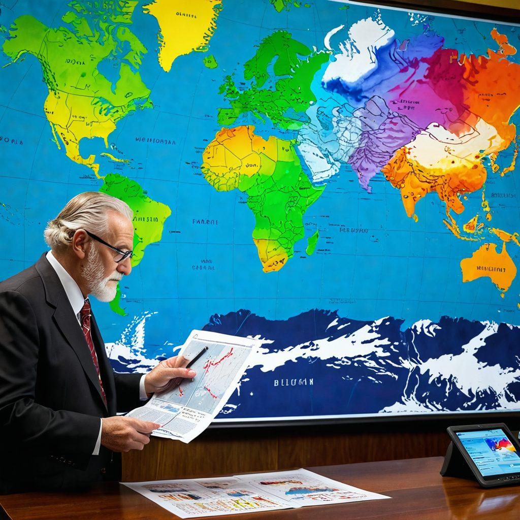 A mesmerizing world map showcasing various climate patterns with swirling weather systems like hurricanes and clouds, overlaid with colorful graphs depicting temperature changes and rainfall statistics. Include a wise old meteorologist analyzing data, surrounded by futuristic weather forecasting technology. A sense of intrigue and exploration in the atmosphere. vibrant colors. super-realistic. 3D.