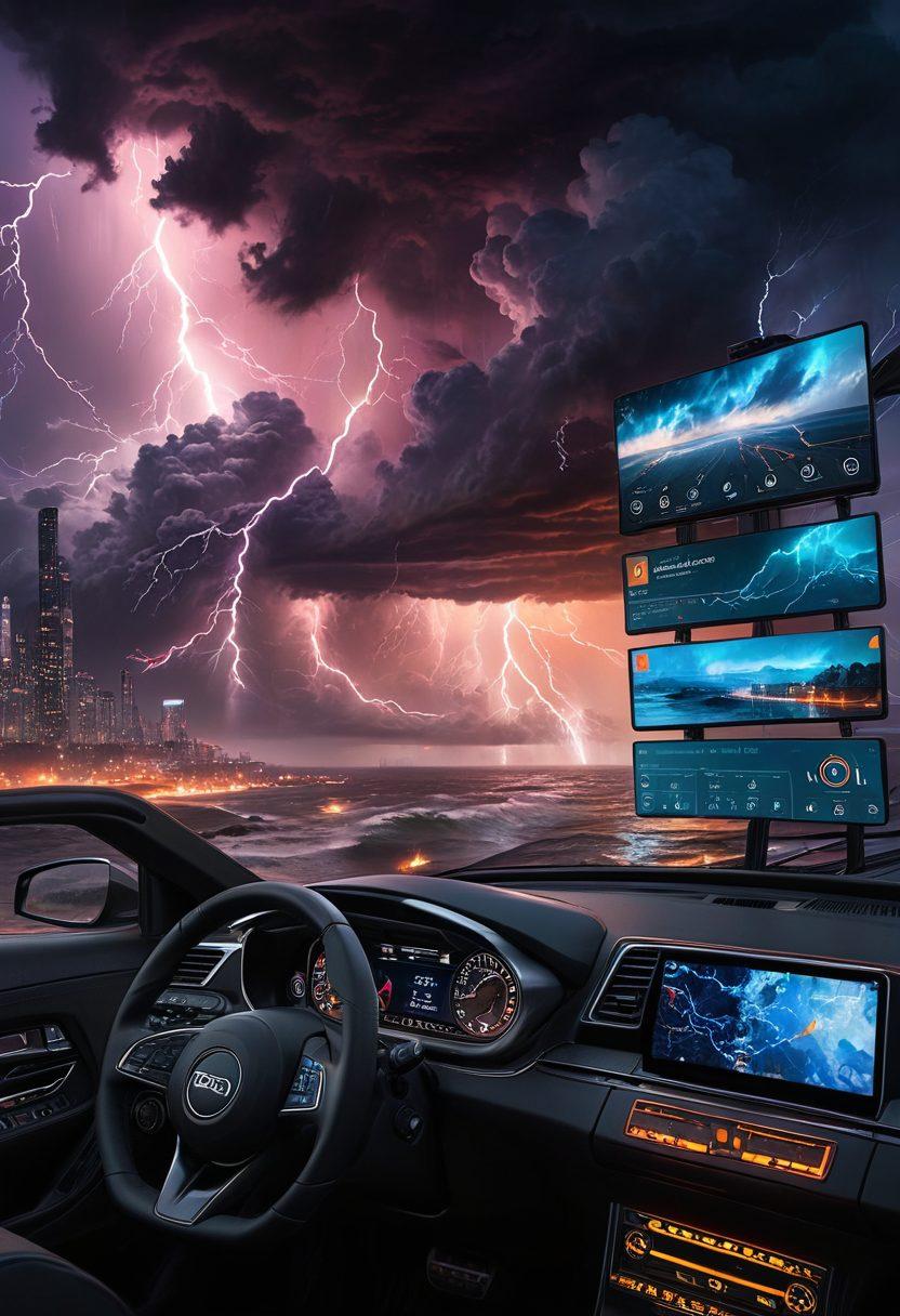 A dynamic scene showcasing a digital dashboard displaying environmental monitoring data and severe weather alerts, set against a backdrop of stormy weather with dark clouds and lightning. Include icons representing climate change effects like rising sea levels and wildfires, while a group of diverse individuals is seen actively engaging with technology to stay informed. Emphasize a sense of urgency and preparedness in the atmosphere. cyberpunk style. vibrant colors. 3D effect.